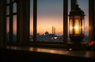 A lantern with the light shining through the window global illumination mosque in background far away Generative ai photo