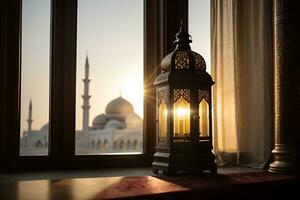 A lantern with the light shining through the window global illumination mosque in background far away Generative ai photo