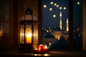 A lantern with the light shining through the window global illumination mosque in background far away Generative ai photo
