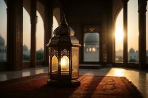 A lantern with the light shining through the window global illumination mosque in background far away Generative ai photo