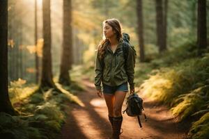 un niña con un mochila y excursionismo botas, caminando en un sendero en un bosque generativo ai foto