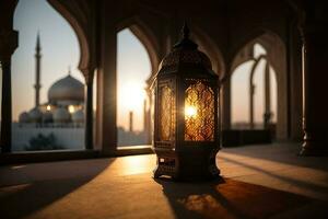 A lantern with the light shining through the window global illumination mosque in background far away Generative ai photo