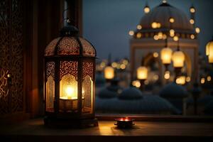 A lantern with the light shining through the window global illumination mosque in background far away Generative ai photo