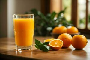 Fresh orange juice in glass or bottle with fruits generative ai photo