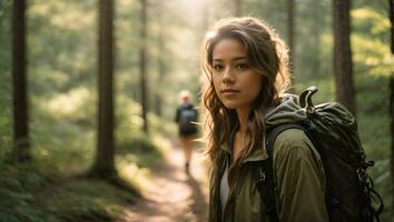 A girl with a backpack and hiking boots, walking on a trail in a forest Generative ai photo