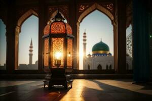 A lantern with the light shining through the window global illumination mosque in background far away Generative ai photo
