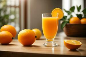 Fresh orange juice in glass or bottle with fruits generative ai photo