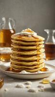 The succulent moment of pouring golden honey over a stack of fluffy pancakes Generative ai photo