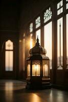 A lantern with the light shining through the window global illumination mosque in background far away Generative ai photo