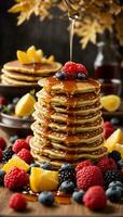 The succulent moment of pouring golden honey over a stack of fluffy pancakes Generative ai photo