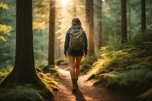 un niña con un mochila y excursionismo botas, caminando en un sendero en un bosque generativo ai foto