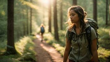 un niña con un mochila y excursionismo botas, caminando en un sendero en un bosque generativo ai foto