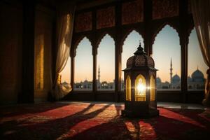 A lantern with the light shining through the window global illumination mosque in background far away Generative ai photo