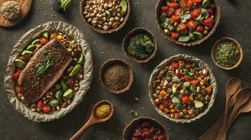 sumergirse tú mismo en un sano banquete con un cautivador fotografía exhibiendo un variedad de saludable comida platos ai generativo foto