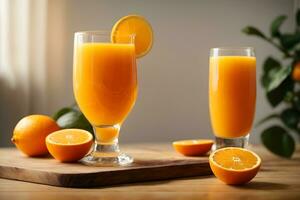 Fresh orange juice in glass or bottle with fruits generative ai photo