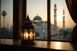 un linterna con el ligero brillante mediante el ventana global iluminación mezquita en antecedentes lejos lejos generativo ai foto