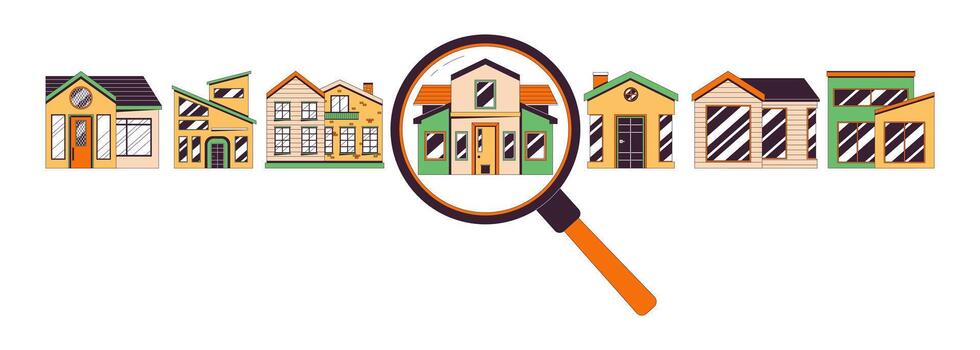 casa caza opciones elegir 2d lineal ilustración concepto. lupa aumentador vaso seleccionando hogar dibujos animados objetos aislado en blanco. Departamento compra metáfora resumen plano vector contorno gráfico