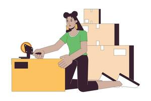 Hispanic girl packing moving boxes line cartoon flat illustration. Latina woman wrapping belongings shipping tape 2D lineart character isolated on white background. Moving out scene vector color image