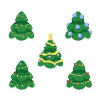 alegre Navidad arboles 2d dibujos animados objetos colocar. contento nuevo año iluminado abetos aislado vector artículos blanco antecedentes. árbol de Navidad decorado instrumentos de cuerda de luces color plano Mancha ilustraciones colección