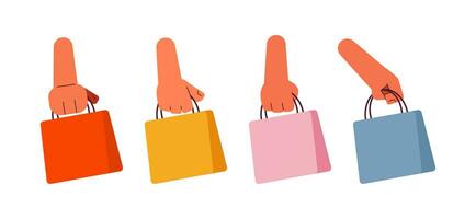 Shopping semi flat colour vector hands set. Holding paper bag with purchases. Editable cartoon clip art icons on white background. Simple spot illustration pack for web graphic design