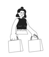 alegre adicto a las compras monocromo plano vector personaje. latina mujer con compras bolsa. editable Delgado línea medio cuerpo persona en blanco. sencillo bw dibujos animados Mancha imagen para web gráfico diseño