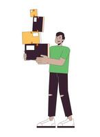 Startled man carrying stacked boxes line cartoon flat illustration. Troubled indian guy holding cardboard 2D lineart character isolated on white background. Moving stress scene vector color image