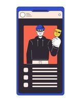 Theft identity flat line concept vector spot illustration. Thief stealing confidential data. Smartphone screen 2D cartoon outline object on white for web UI design. Editable isolated color hero image