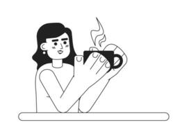 Cheerful caucasian girl monochromatic flat vector character. Young woman drinking coffee. Caffetteria. Editable thin line half body person on white. Simple bw cartoon spot image for web graphic design