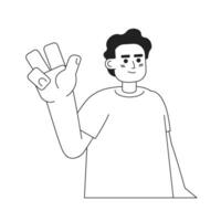 Muslim man showing victory sign monochromatic flat vector character. Hand gesture. Peace. Editable thin line half body person on white. Simple bw cartoon spot image for web graphic design