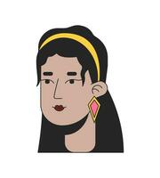 Beautiful latina woman with retro hairstyle 2D linear cartoon character head. 60s hairstyle female hispanic isolated line vector person face white background. Mexican lady color flat spot illustration