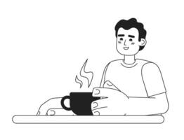 Hispanic man on meeting monochromatic flat vector character. Drinking coffee. Optimistic. Editable thin line half body person on white. Simple bw cartoon spot image for web graphic design