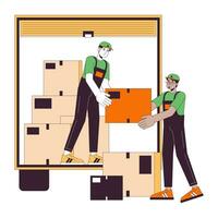 Professional movers line cartoon flat illustration. Multicultural male shippers loading moving truck 2D lineart characters isolated on white background. Carrying box scene vector color image