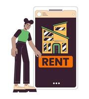 Rental app 2D linear illustration concept. African american woman renting apartment online cartoon character isolated on white. House hunting smartphone metaphor abstract flat vector outline graphic