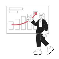 Middle eastern woman graphs pointing black and white 2D cartoon character. Arab young adult female speaker showing presentation isolated vector outline person. Monochromatic flat spot illustration