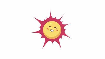 sorrindo Sol cabeça 2d personagem animação. felicidade cheio de dentes sorrir brilho do sol plano desenho animado 4k vídeo, transparente alfa canal. verão. calor conforto. sorridente ensolarado animado personagem em branco fundo video