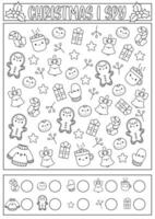 Christmas black and white I spy game for kids. Searching and counting line activity with cute kawaii holiday symbols. Winter printable worksheet, coloring page. New Year puzzle with gingerbread vector