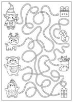 Christmas black and white maze for kids. Winter line holiday preschool printable activity with cute kawaii elf, bear, deer, penguin and presents. New Year labyrinth game, puzzle or coloring page vector