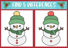 Christmas find differences game for children. Attention skills activity with cute snowman in hat and scarf. New Year puzzle for kids with funny characters. Printable what is different worksheet vector