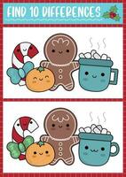 Christmas find differences game for children. Attention skills activity with cute orange, candy cane, gingerbread, cacao mug. New Year puzzle for kids. Printable what is different worksheet vector