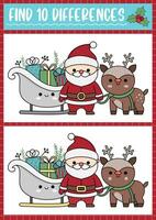 Christmas find differences game for children. Attention skills activity with cute Santa Claus, sledge, deer. New Year puzzle for kids with funny characters. Printable what is different worksheet vector