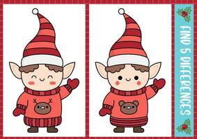 Christmas find differences game for children. Attention skills activity with cute elf in red hat. New Year puzzle for kids with funny characters. Printable what is different worksheet vector