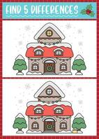 Christmas find differences game for children. Attention skills activity with cute decorated house with snow. New Year puzzle for kids with funny cozy home. Printable what is different worksheet vector