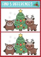 Christmas find differences game for children. Attention skills activity with cute fir tree, owl, deer, stars. New Year puzzle for kids with funny characters. Printable what is different worksheet vector