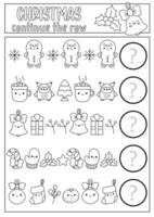 What comes next. Christmas black and white matching activity for preschool children with holiday symbols. Funny line kawaii puzzle. Winter New Year logical coloring page. Continue the row vector