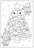 Christmas black and white maze for kids. Winter holiday preschool printable activity with cute kawaii Santa Claus and elf decorating tree with garland. New Year labyrinth game, puzzle or coloring page vector