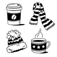 Illustration of winter clothes and drinks in the style of a doodle in vector format, suitable for printing and design. The set includes coffee, a scarf, tea and a hat.