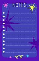 Template sheets for an organizer, planner, to-do list on a cosmic abstract background. Flat vector illustration of a set of pages for entries