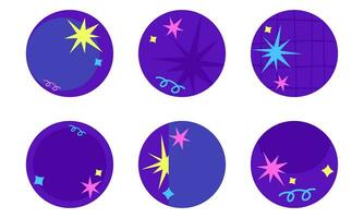 A collection of round stickers with abstract space patterns, a flat vector illustration isolated on a white background. The galaxy and outer space