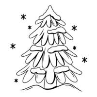 Vector illustration of a cozy spruce tree in the snow in winter in the style of doodles. Outline of a Scandinavian spruce on a white background. Winter illustration for coloring books