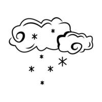 Vector snow cloud of doodles. Figure symbol of the meteorological forecast. The season of cold winter snowfalls. A web design icon with a line.